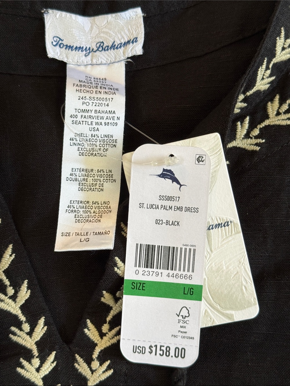 Tommy Bahama Black Dress with Cream Palm Embroidery Size L NWT - Picture 7 of 9